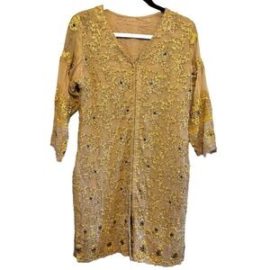 Gold Embellished Tunic‎ Dress M Adorned Gem Sequin Pearl Sheer Overlay Kurta